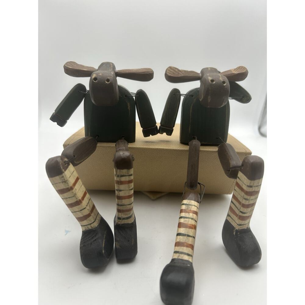 Moose Shelf Sitter Figurines All Wood Handmade Folk Art. Made In The USA. 1990s